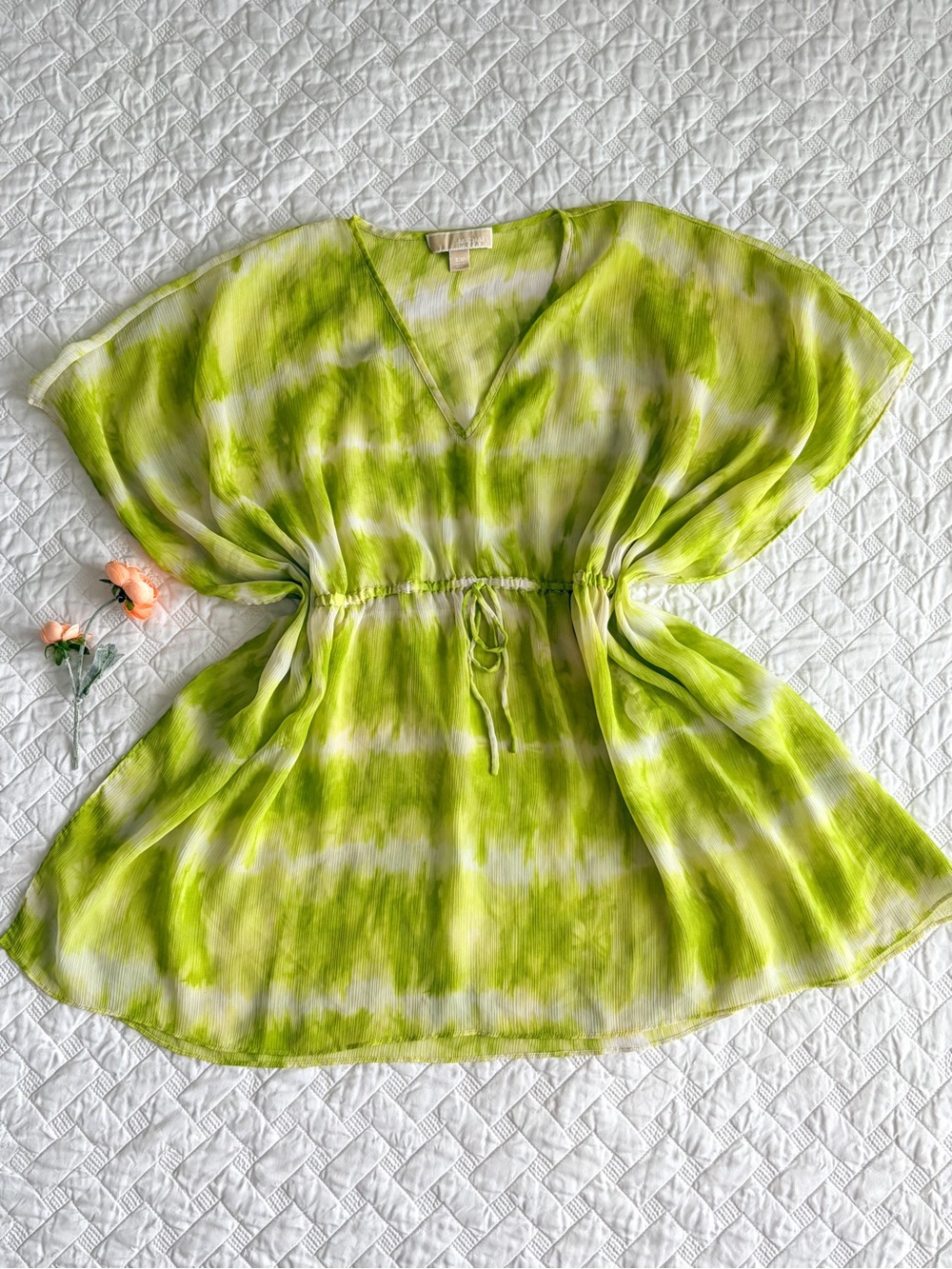 Michael Kors Lime Green Tie Dye Swim Cover Up Tunic S/M Sheer Caftan Top Beach